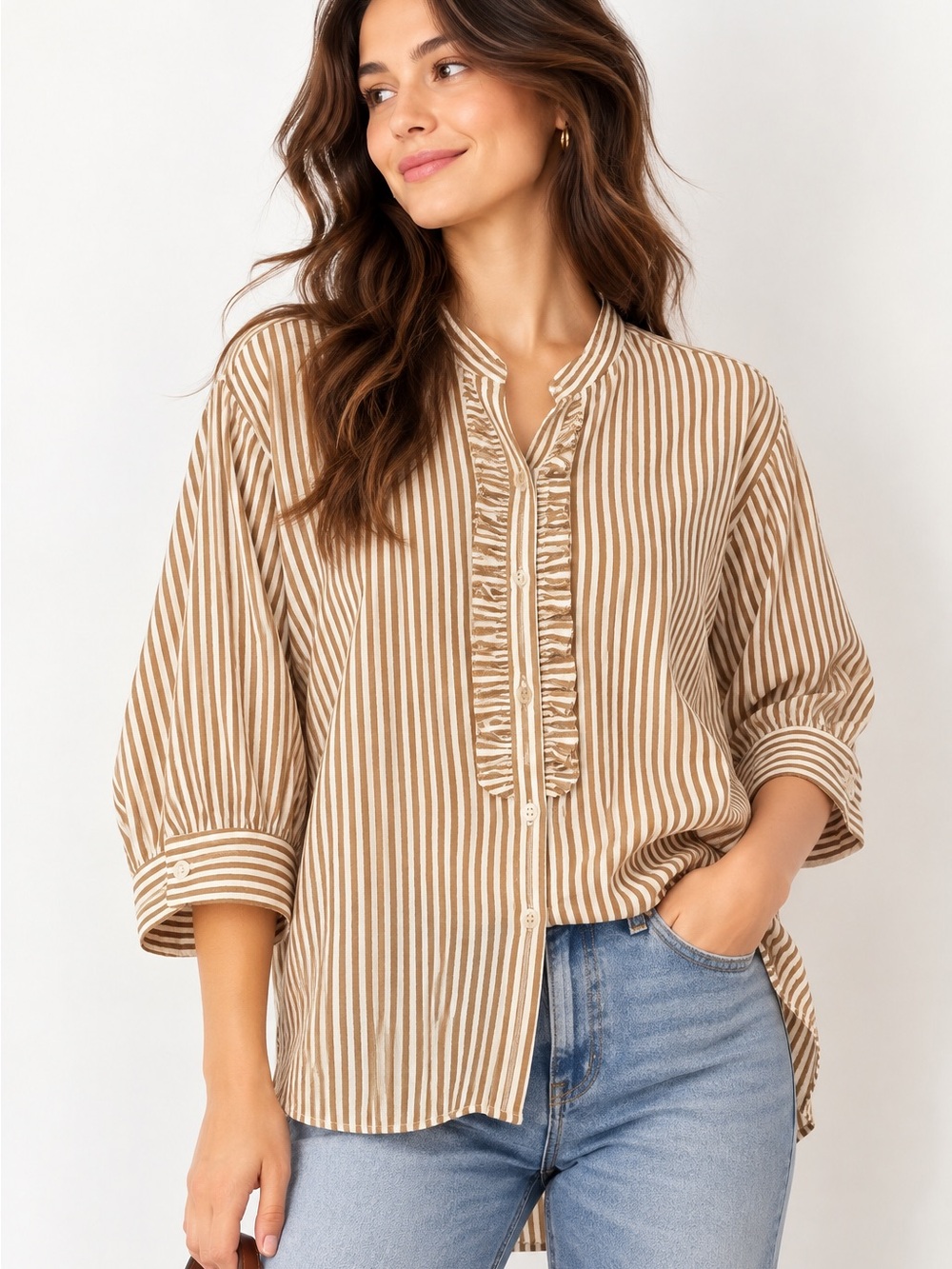 Easel Striped Ruffle-Trim Button Front Blouse in Beige and White